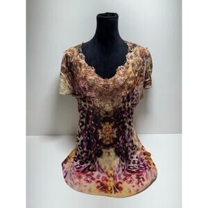 Boho Women’s Blouse Sz 3XL Live & Let Live Pink Purple V Neck Embellished